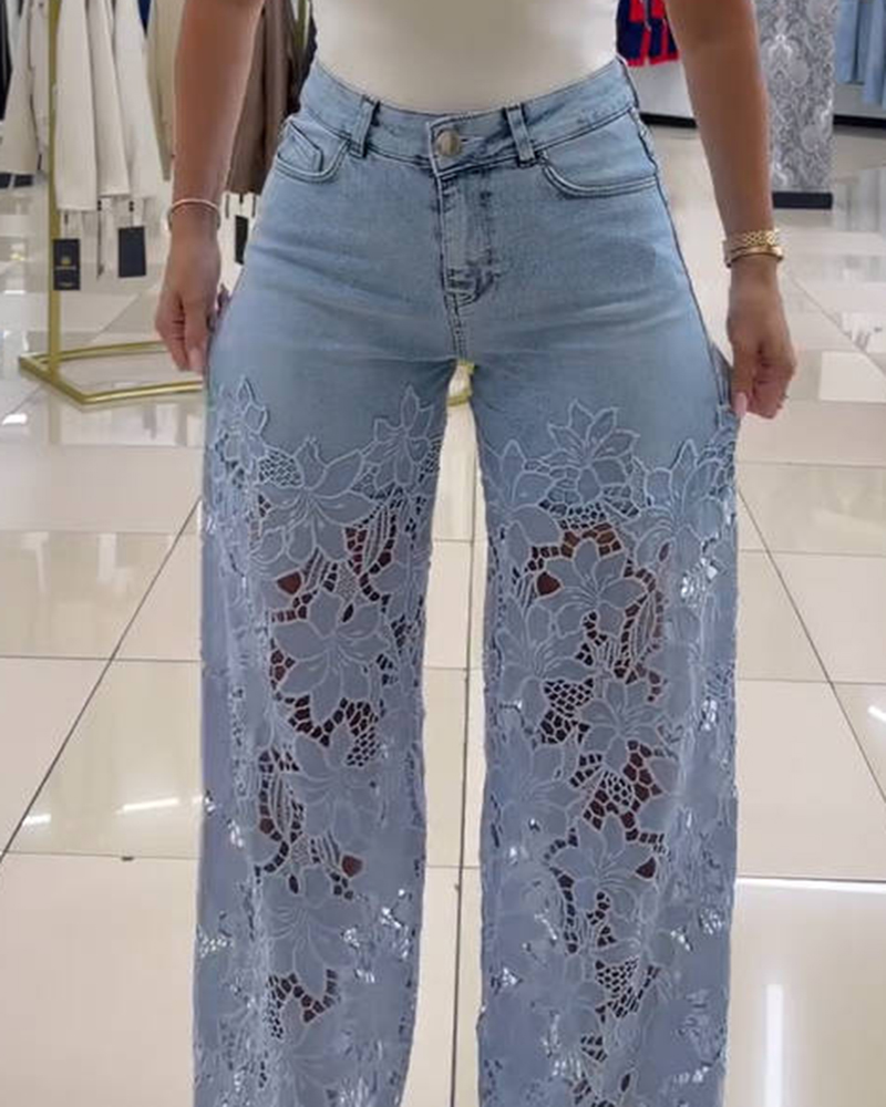 Petal Lace Patchwork Cutout Jeans