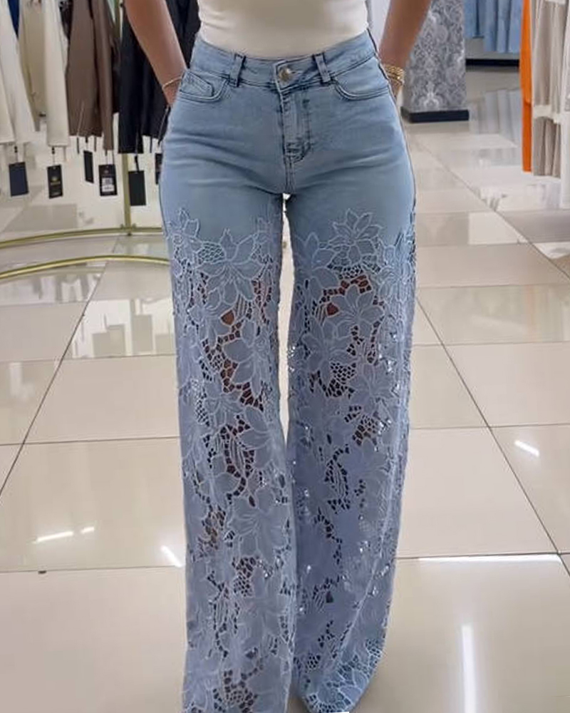 Petal Lace Patchwork Cutout Jeans