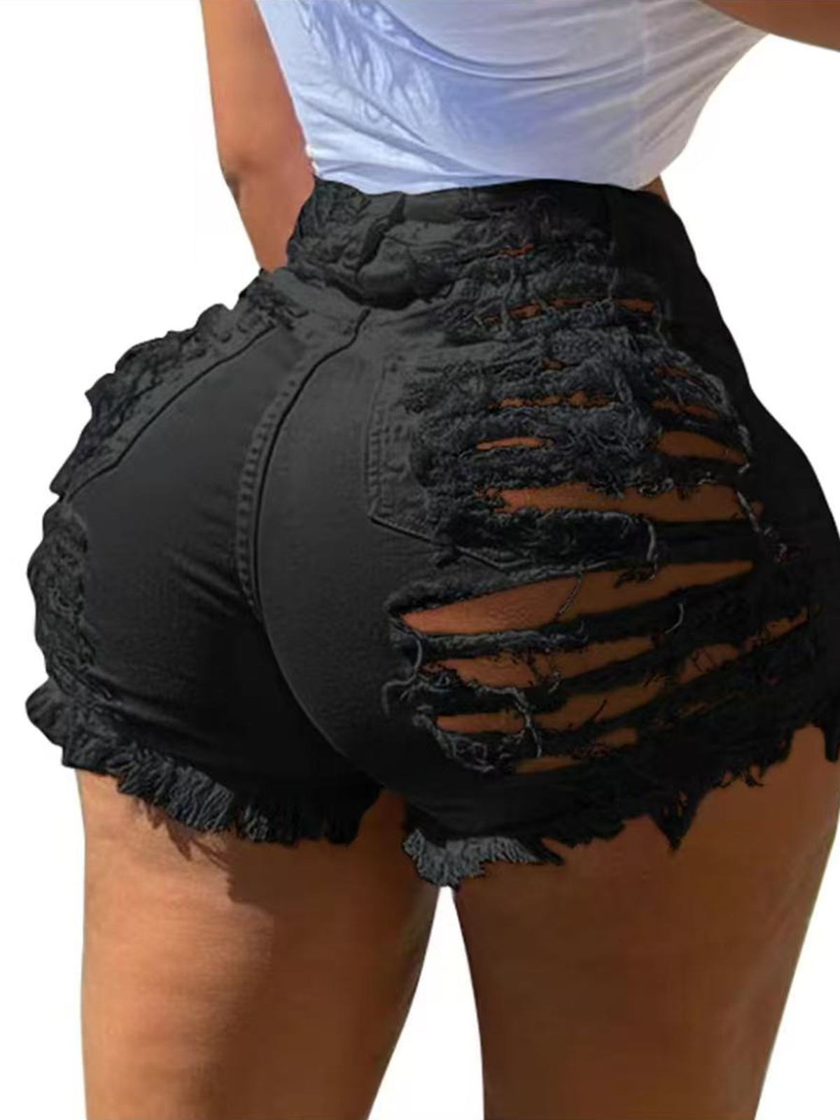 Women's sexy summer waistband ripped jeans shorts frayed denim.