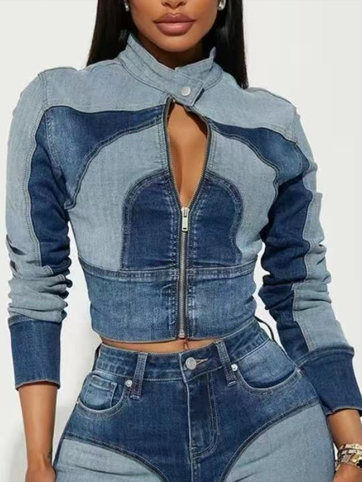 Patchwork Denim Jacket And Jeans Set